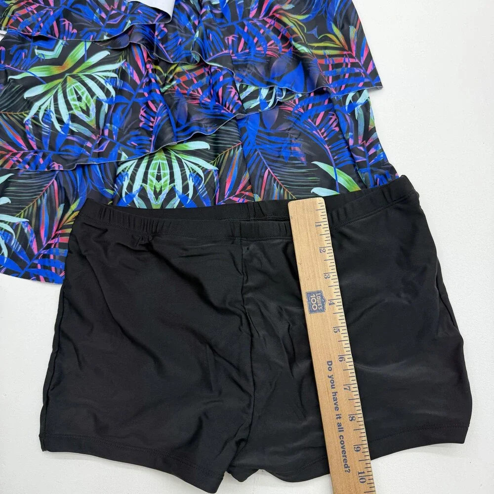 Blue Tropical Tankini Swimsuit Set Womens M Ruffle Swim Shorts 2 Piece Lined